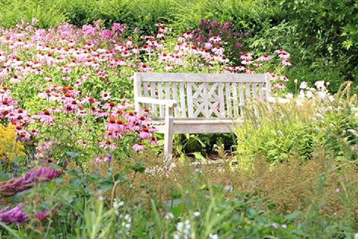 Gartenbank in einem Blumenbeet